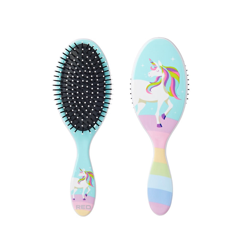 RED BEAUTY by KISS unicorn detangling hair brush showing front and back with pastel unicorn and rainbow handle