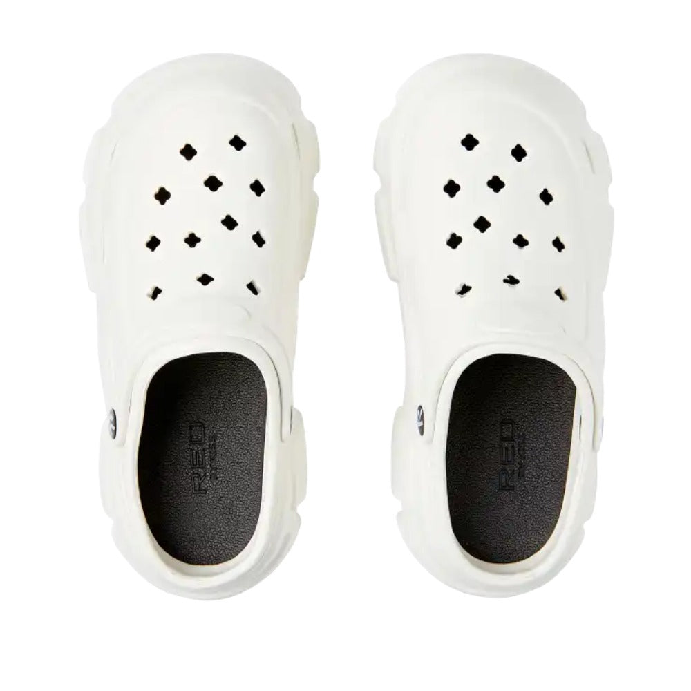 RED BEAUTY by KISS white air clog shoes top view pair with ventilation holes and black insoles lightweight slip on