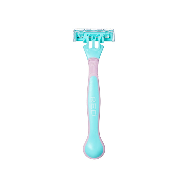 RED BEAUTY by KISS pastel aqua and pink ergonomic disposable women's silky glide razors on white background