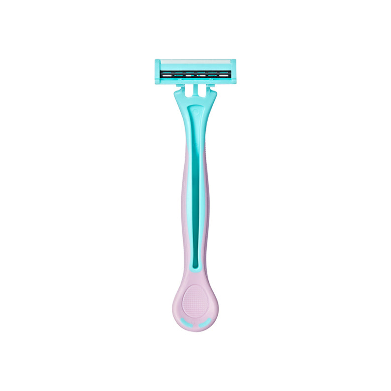 RED BEAUTY by KISS pastel teal and pink three blade razor with textured grip for smooth shave women's silky glide razors