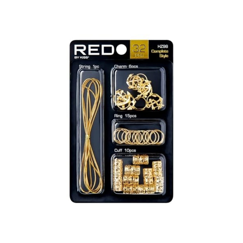 RED BEAUTY by KISS premium braid charm kit gold hair charms rings cuffs and string 32 pieces for decorative braids