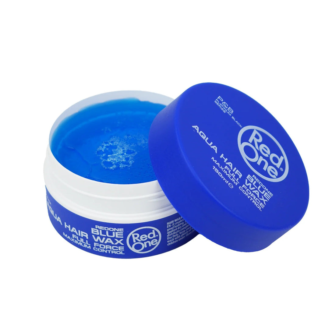 RedOne Aqua Hair Wax Blue tub open showing bright blue water based styling wax for strong hold control