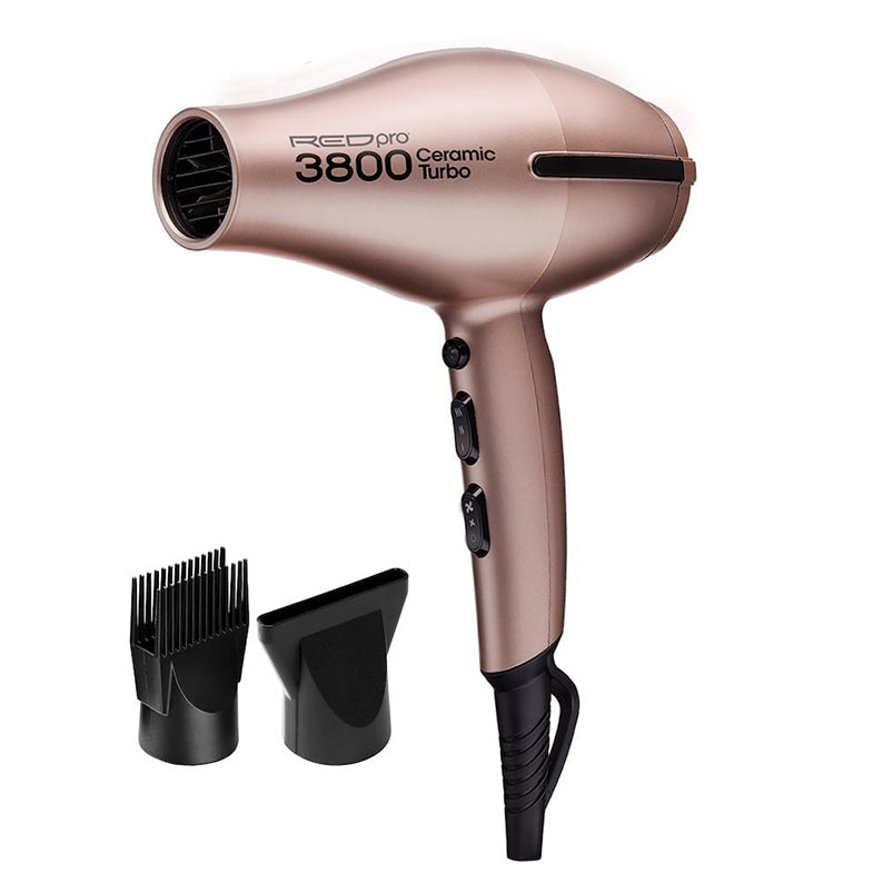 RED BEAUTY by KISS rose gold ceramic turbo hair dryer with 3800 label plus concentrator and comb attachments