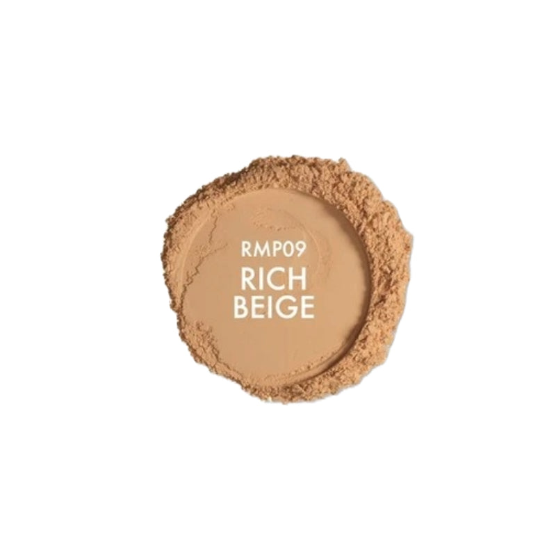 IVY BEAUTY by KISS mineral powder foundation swatch RMP09 Rich Beige pressed powder circle on white