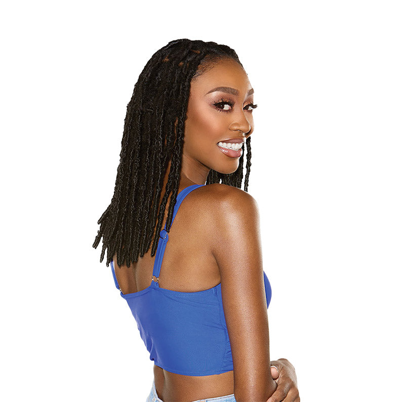 SENSATIONNEL 10 inch loc extensions styled on a woman wearing a blue sleeveless top