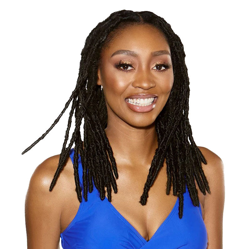 SENSATIONNEL 10 inch loc extensions worn by a smiling woman with a blue top