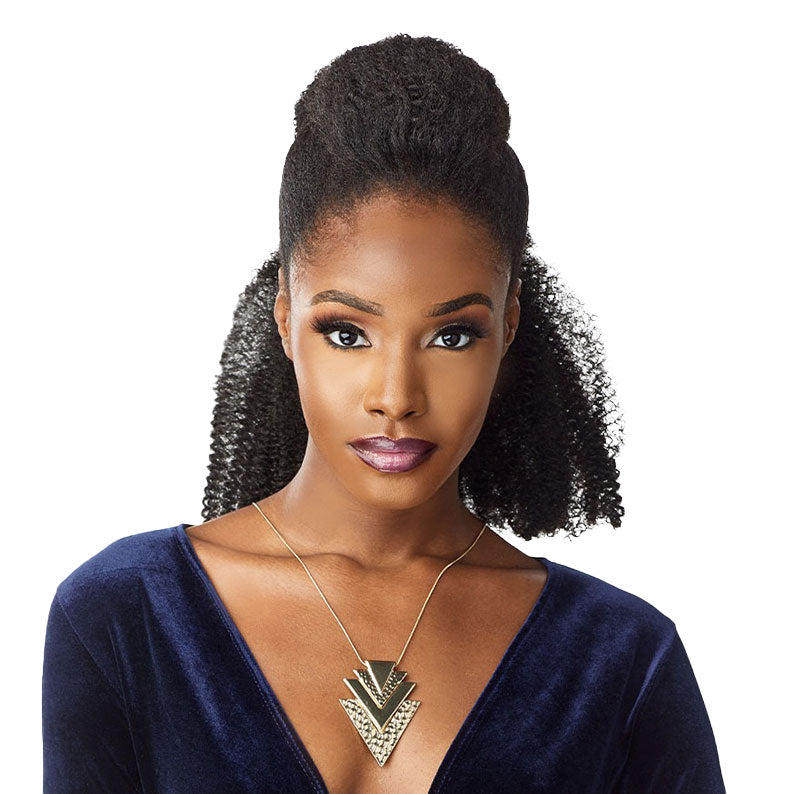 SENSATIONNEL Ruwa Afro Twist 16 inch hair styled on woman with half updo and natural curls