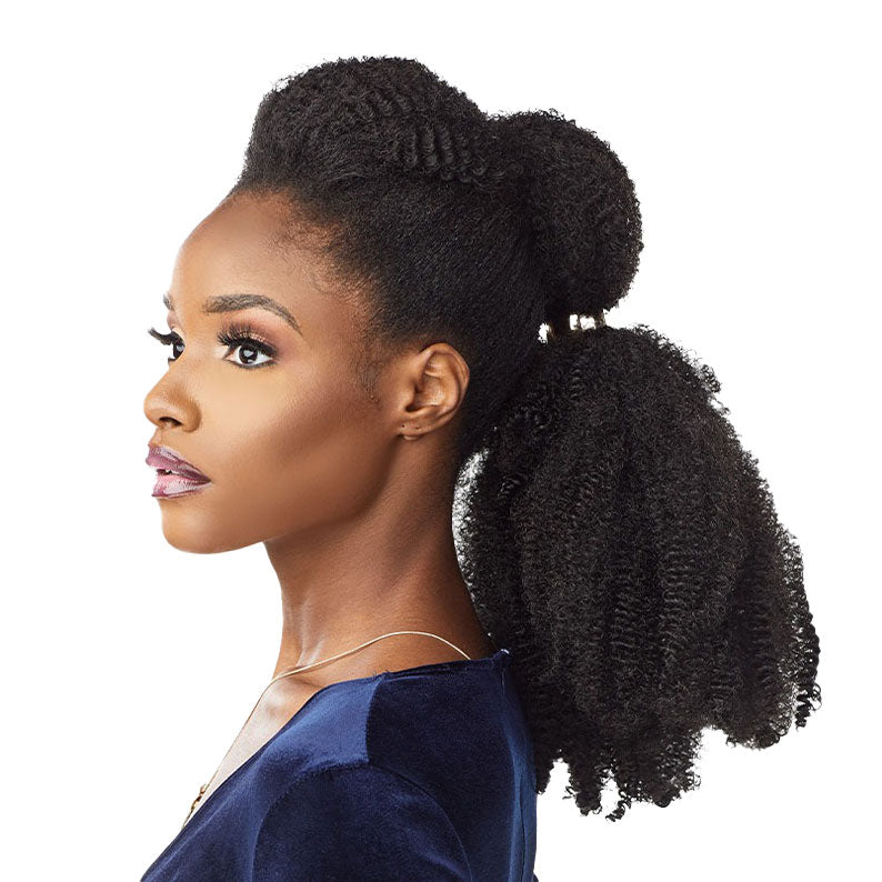 SENSATIONNEL Ruwa Afro Twist 16 inch hair styled in a voluminous curly ponytail braid