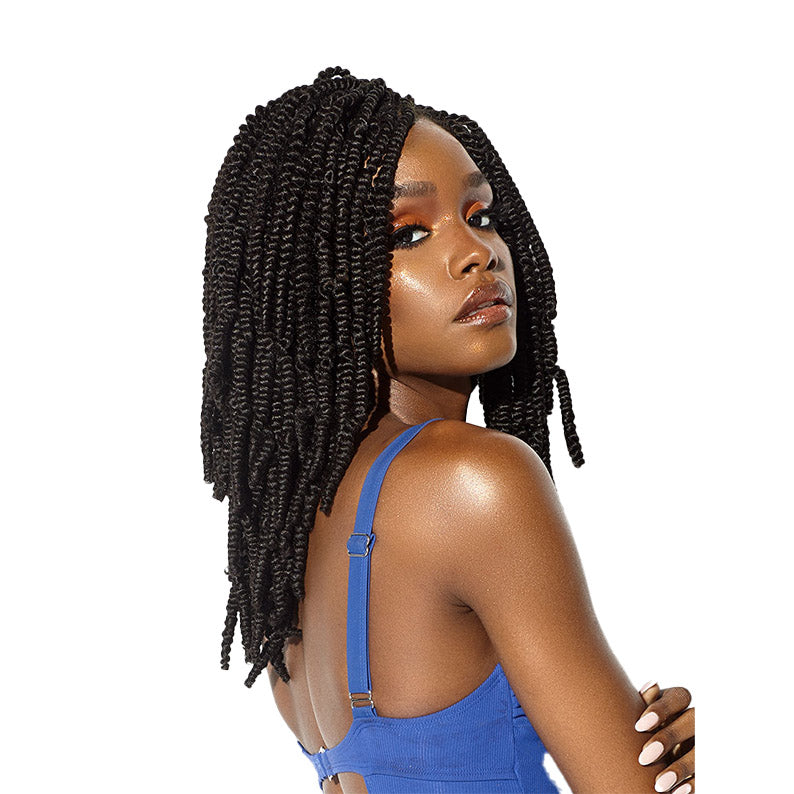 SENSATIONNEL braid with Ruwa Spring Twist hair styled on a woman wearing a blue top showing textured curly twists