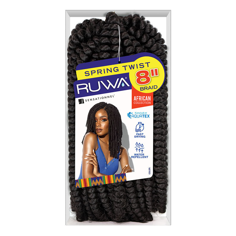 Sensationnel Ruwa Spring Twist hair 8 inch braid in black with fast drying and water repellent features