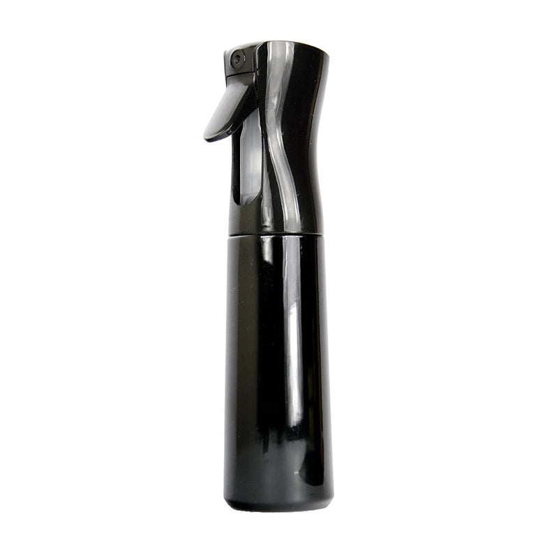 black atomizer spray bottle with continuous fine mist trigger for salon hair styling and plant care