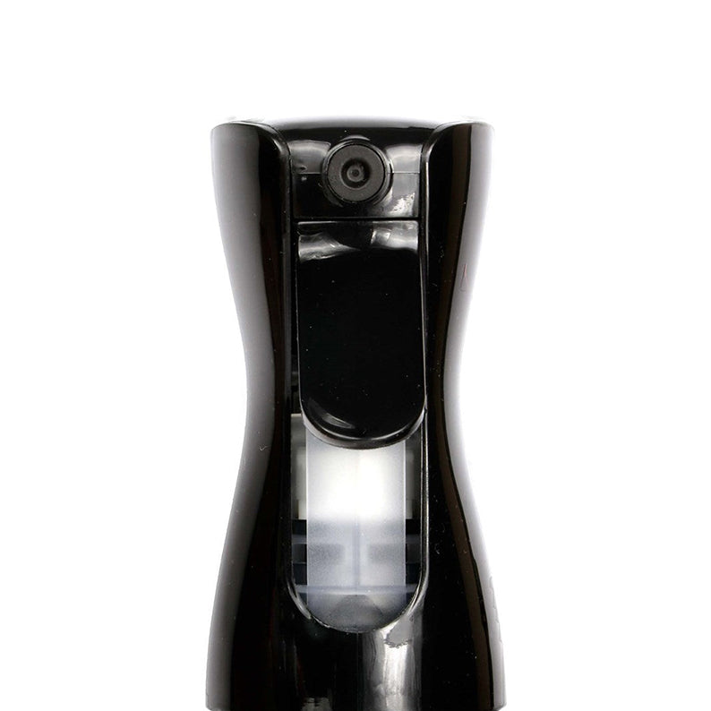 KIM C black atomizer spray bottle close up showing ergonomic curved nozzle and clear liquid viewing window