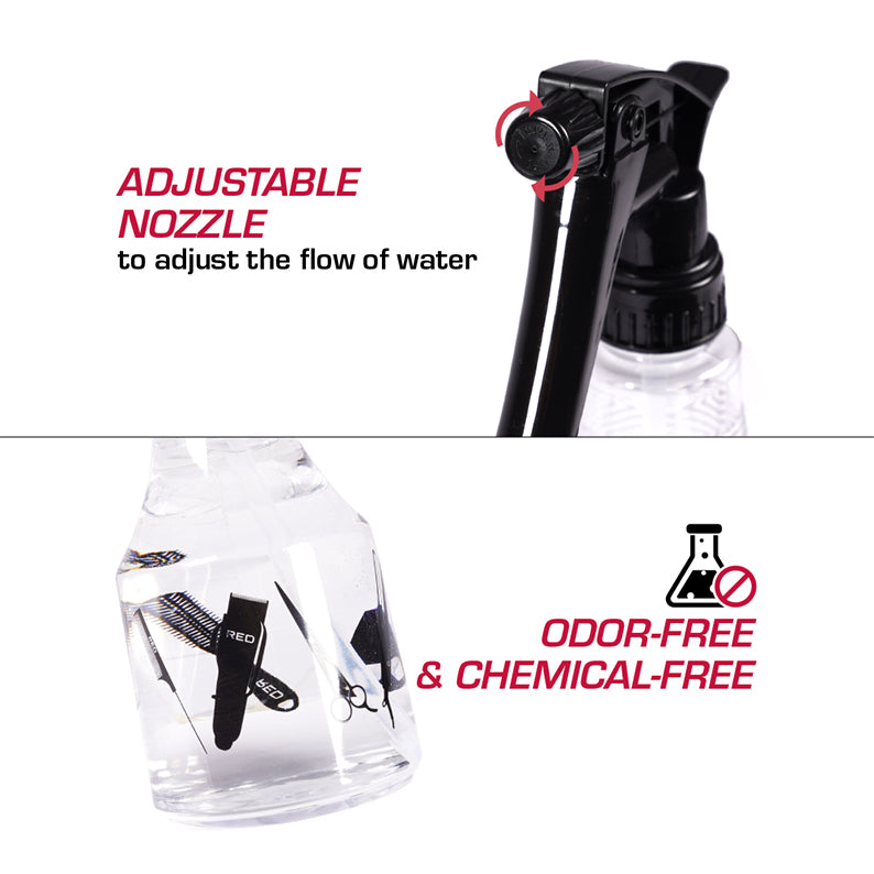 RED BEAUTY by KISS clear spray bottle for hair with adjustable black nozzle and odor free chemical free bottle