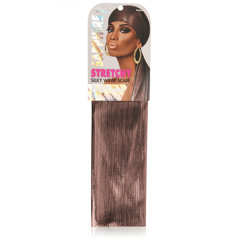 Ms. Remi brown stretchy silky wrap scarf for hair in packaging showing model wearing head wrap and long tails