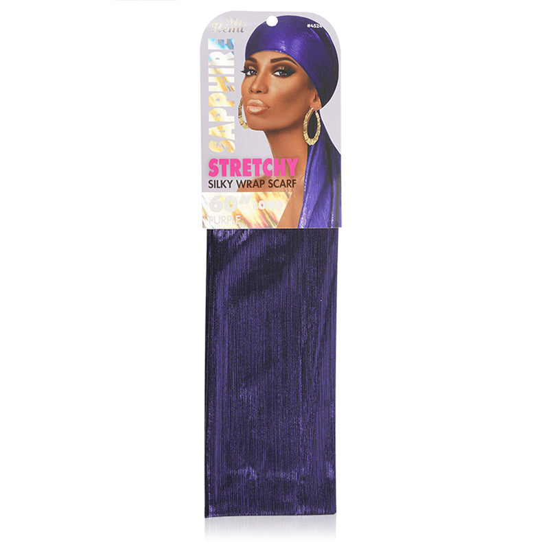 Ms Remi purple stretchy silky wrap scarf for hair retail packaging with model wearing satin look headwrap