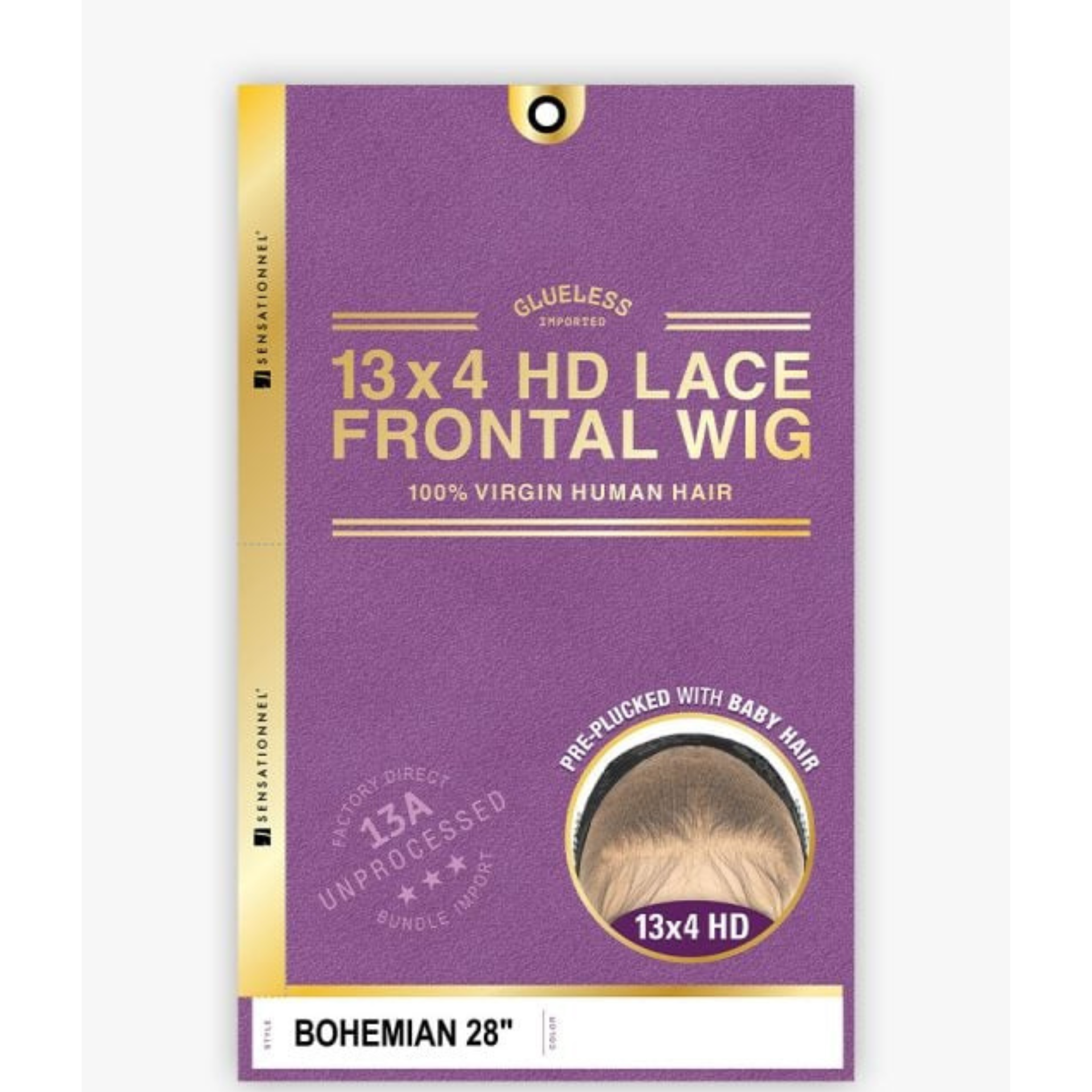 SENSATIONNEL 13x4 glueless HD lace frontal wig packaging in purple and gold Bohemian 28 inch