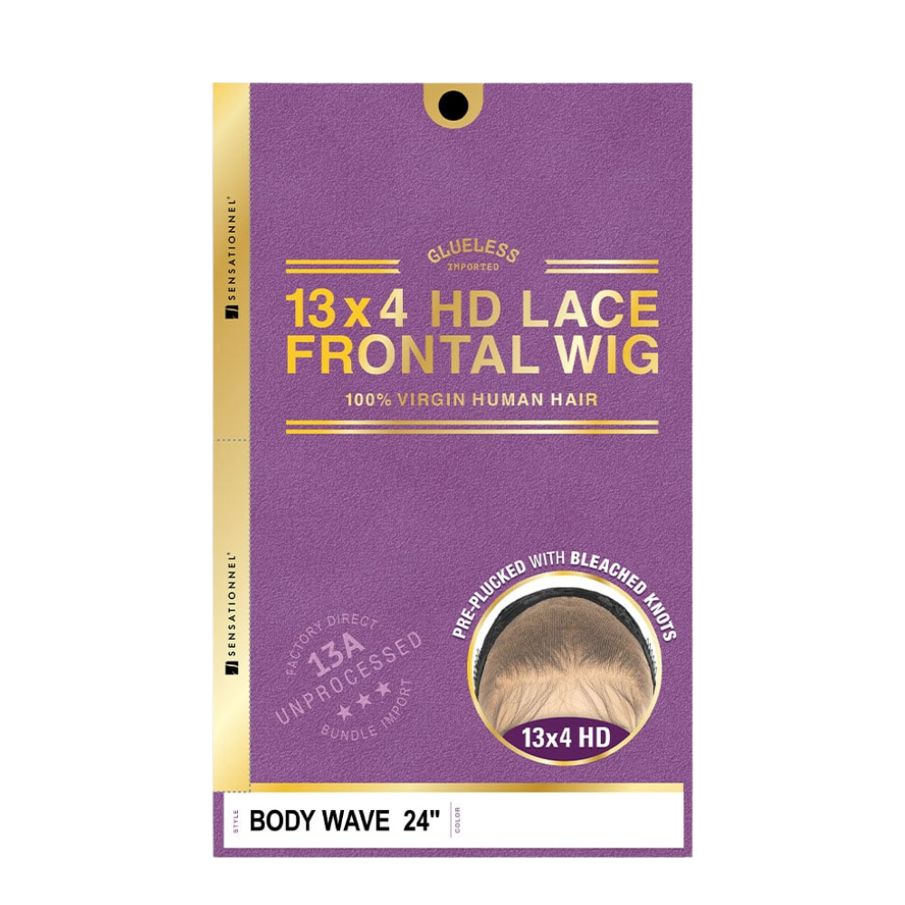 Sensationnel 13x4 HD lace frontal wig body wave 24 inch 100 percent virgin human hair glueless packaged in purple box