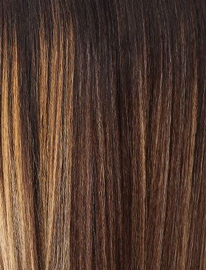 SENSATIONNEL butta lace pre-styled wig close up straight brown hair with honey blonde highlights