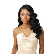 Model wearing SENSATIONNEL Butta Lace Vintage Rider wig in jet black with side swept waves
