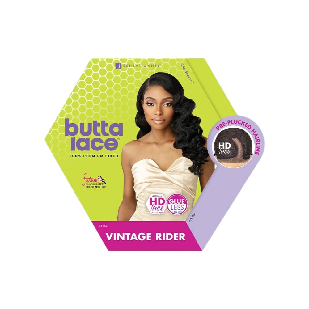 SENSATIONNEL Butta Lace Vintage Rider wig long black side swept waves preplucked HD lace glue less cap