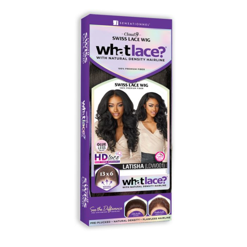 SENSATIONNEL packaging showing Cloud9 Swiss lace wig Latisha long wavy black wig with HD lace label