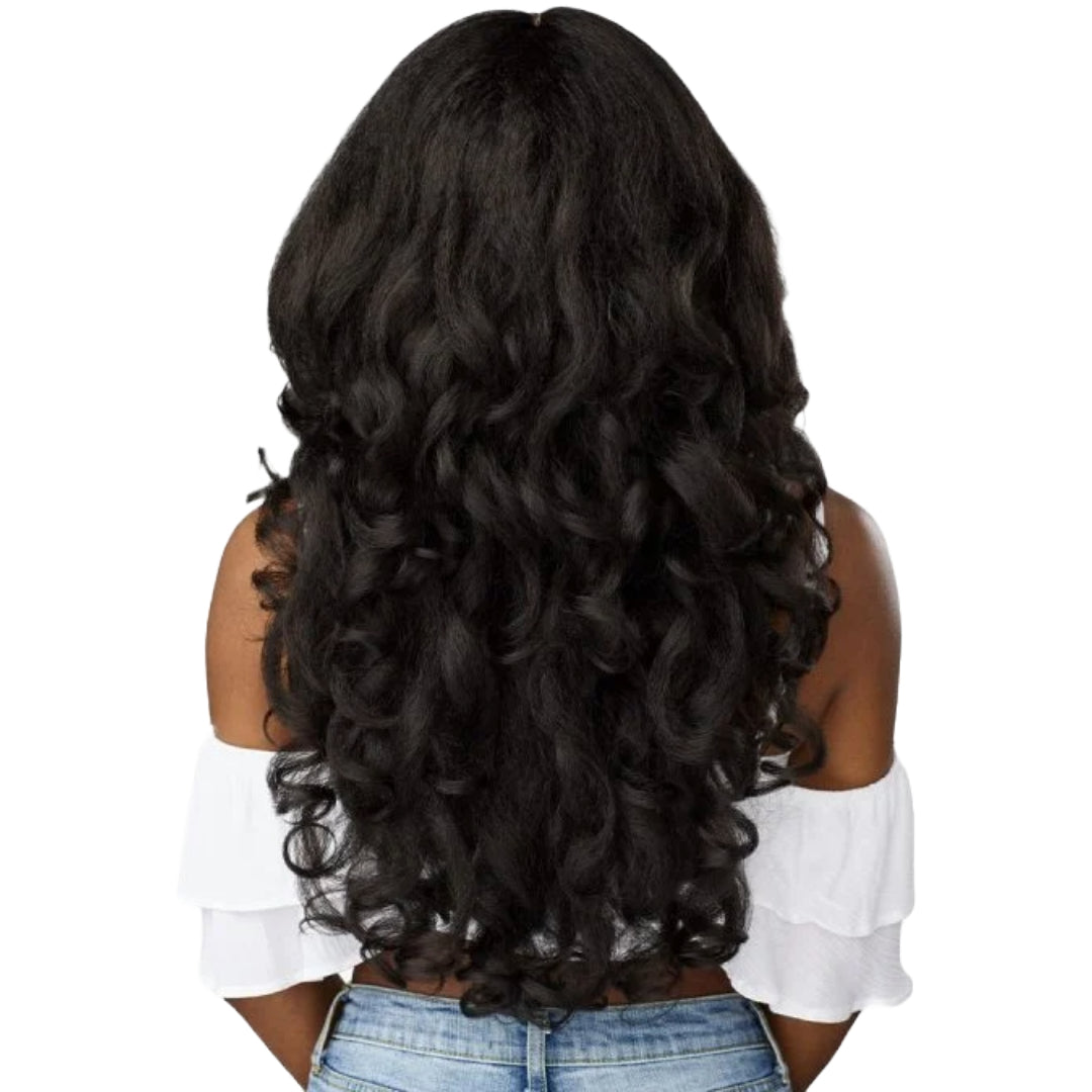 SENSATIONNEL Dashly Unit 21 wig long black wavy hair shown from back on model in white top and jeans