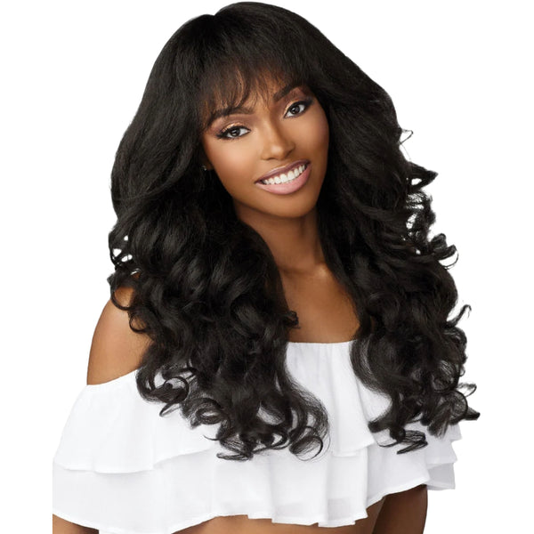 SENSATIONNEL Dashly Unit 21 wig long black layered waves with full bangs voluminous curls on model