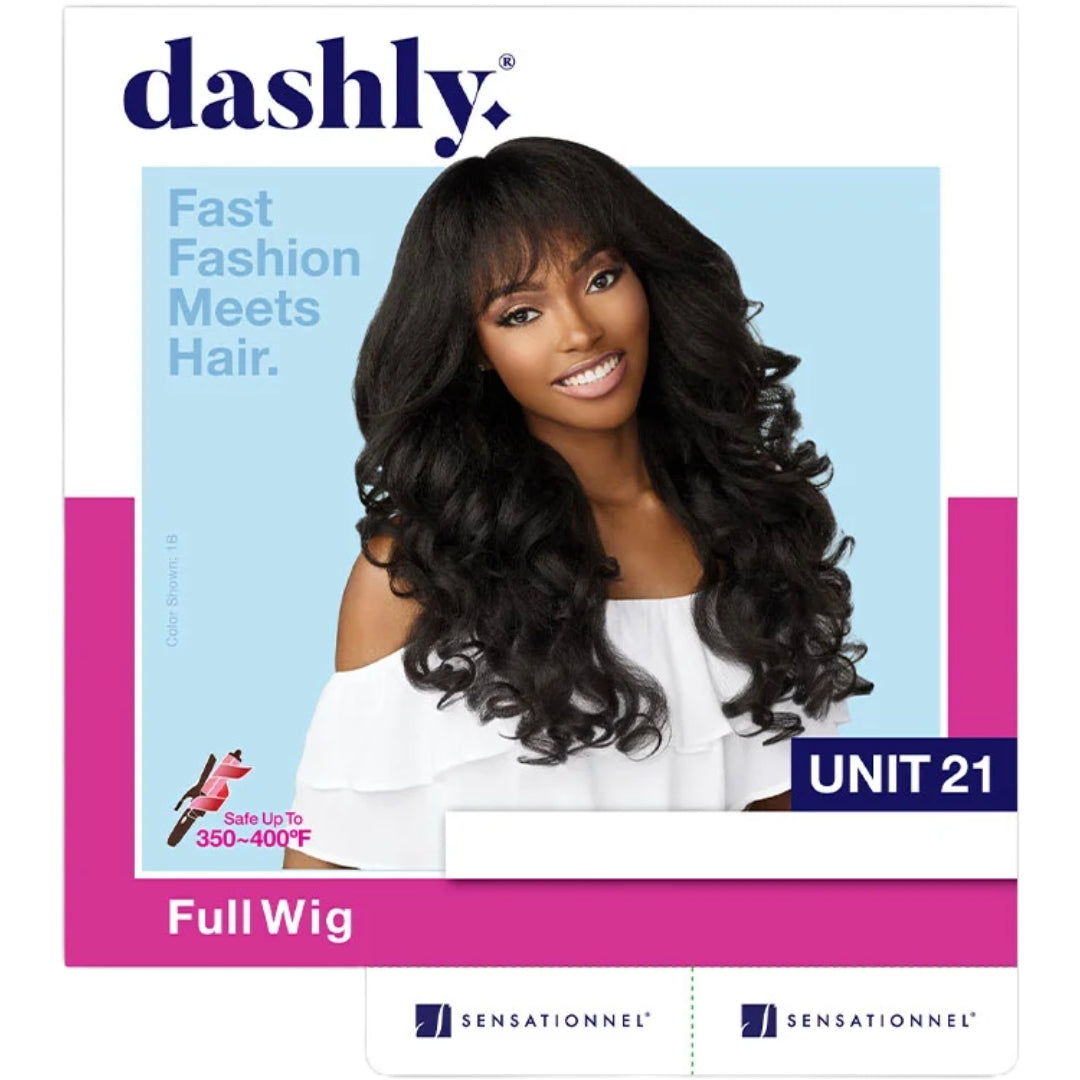 Dashly Unit 21 wig by SENSATIONNEL long black wavy full wig with bangs on smiling model shown on product packaging