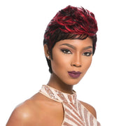 Model wearing Sensationnel short pixie wig with red highlights in black textured layers Empire 100 human hair 27pcs.
