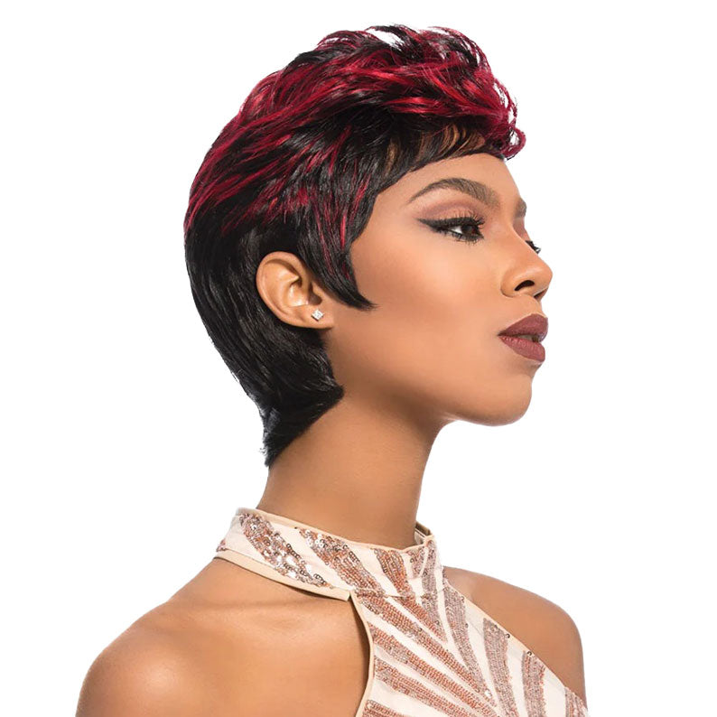 Profile of model wearing SENSATIONNEL short pixie wig black with red highlights Empire 100 human hair 27pcs