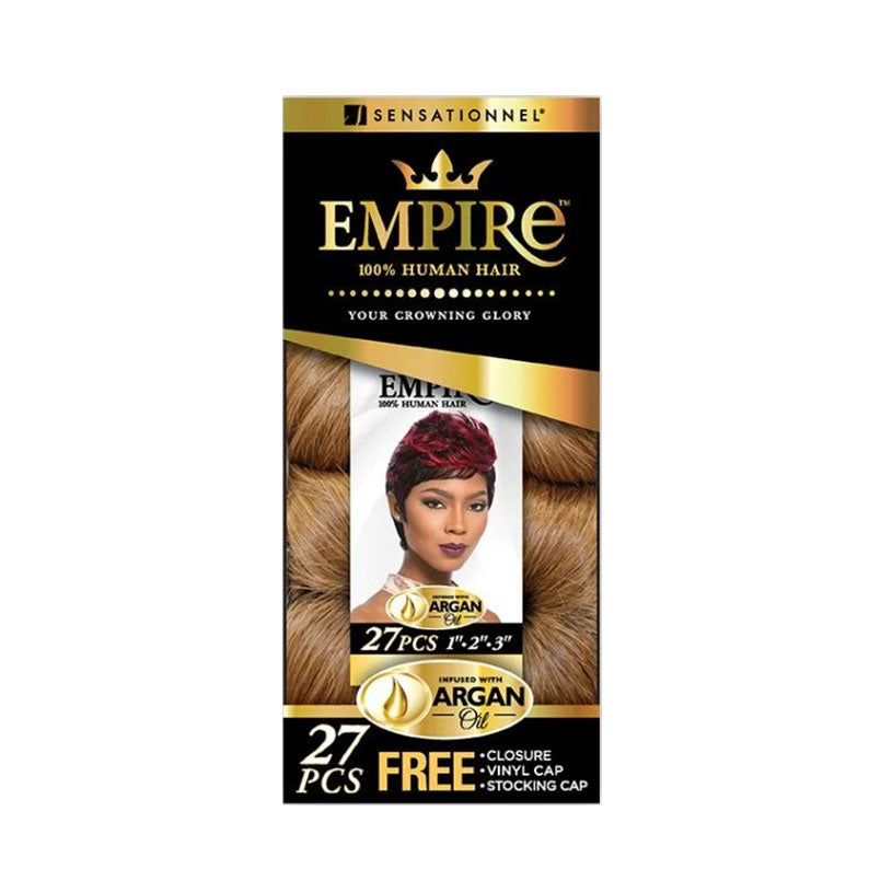 Sensationnel packaging for Empire 100 human hair 27pcs. showing brown wavy extensions and model