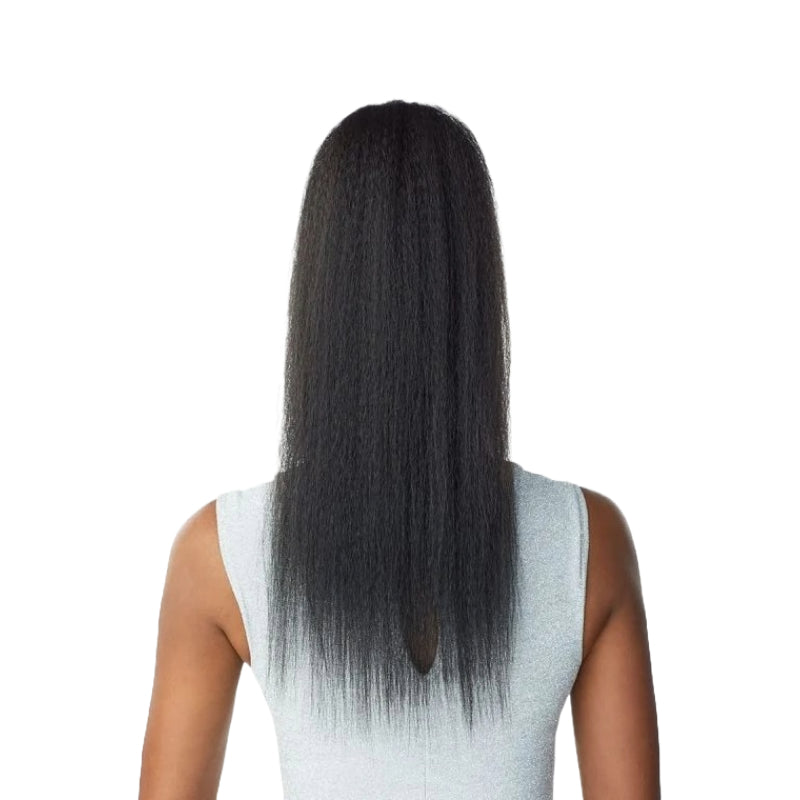 SENSATIONNEL kinky straight ponytail extension on model showing long natural textured black hair