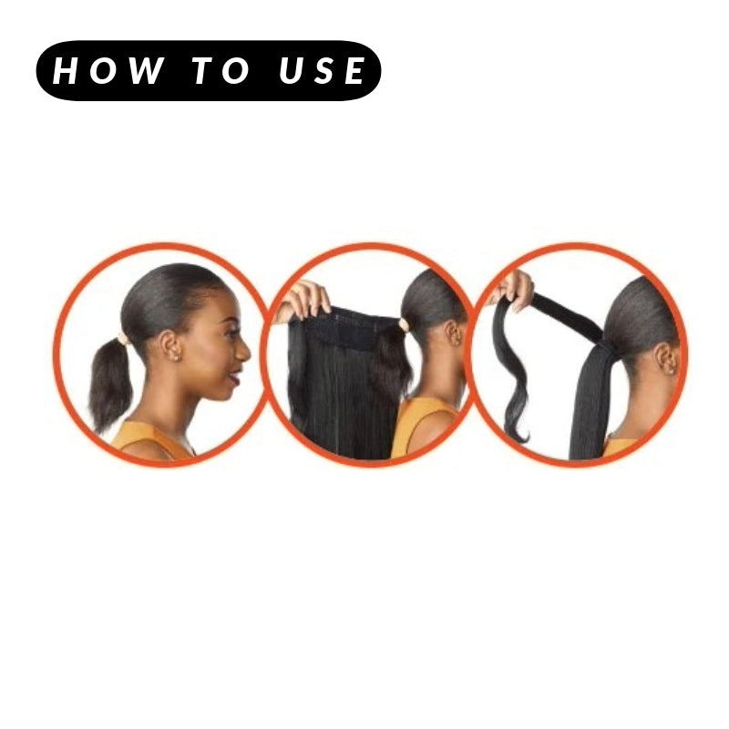 SENSATIONNEL kinky straight ponytail extension how to use showing low ponytail attach weft and wrap for a secure finish