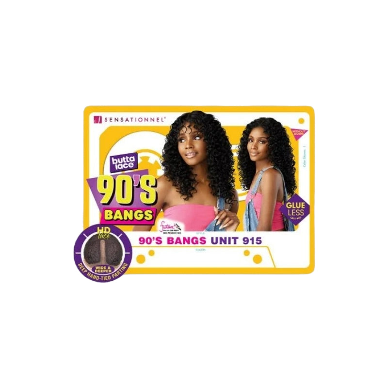 SENSATIONNEL lace front wig with 90s bangs curly mid length black wig packaging showing two models