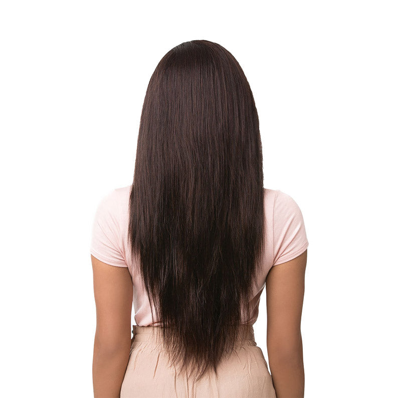 SENSATIONNEL lace frontal bundle deal straight hair long dark brown straight wig back view on model