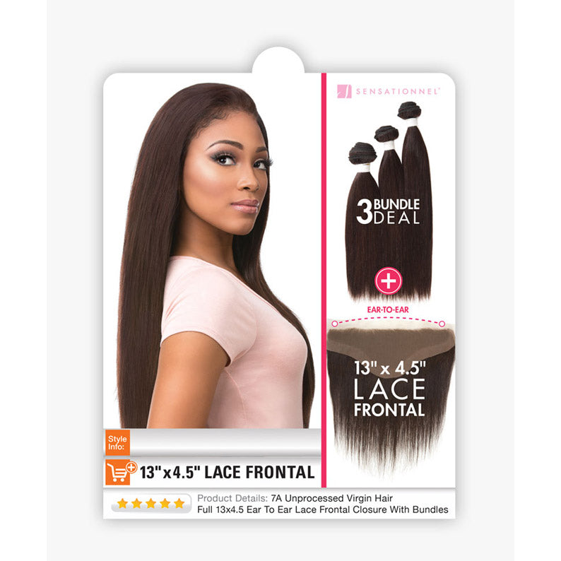 SENSATIONNEL lace frontal bundle deal straight hair packaging with model wearing long straight brown hair and 3 bundles