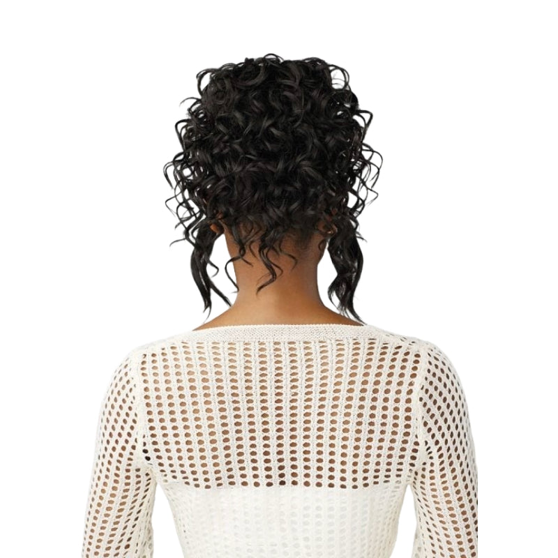 SENSATIONNEL Lulu Bun Updo wig black curly updo with textured bun and loose nape tendrils back view