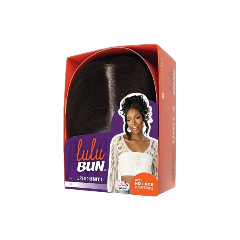 SENSATIONNEL Lulu Bun Updo wig in dark brown packaged box showing HD lace parting and bun updo unit
