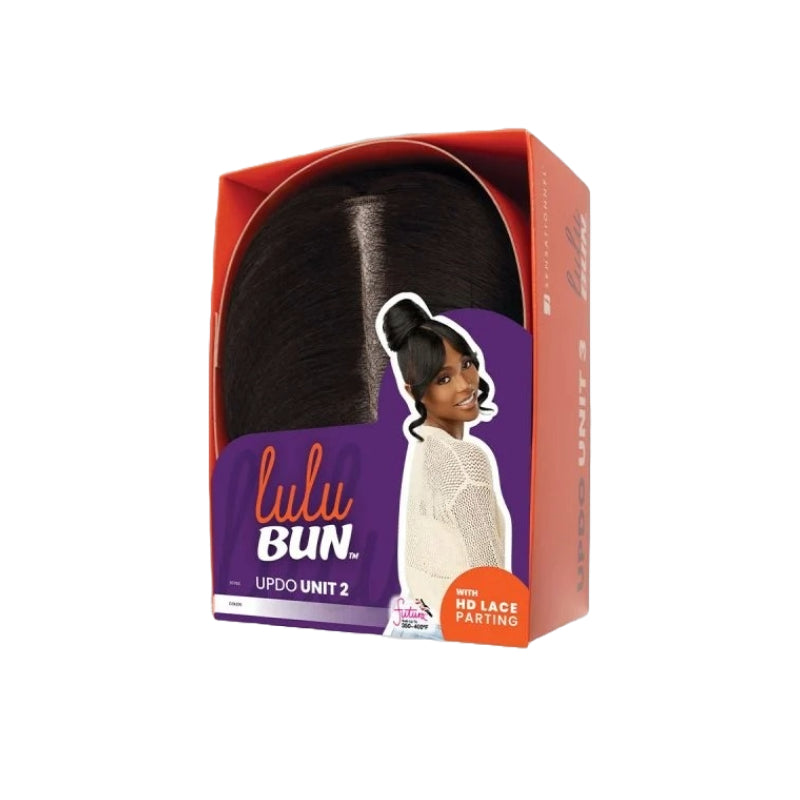 SENSATIONNEL Lulu Bun Updo wig dark brown boxed updo unit with HD lace parting and model styling