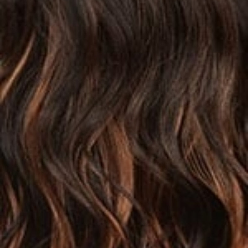 Close up wavy brown hair with caramel highlights showing texture of SENSATIONNEL Lulu Bun Updo wig