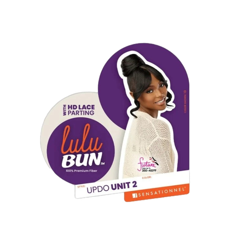 SENSATIONNEL Lulu Bun Updo wig packaging showing model wearing high bun with HD lace parting