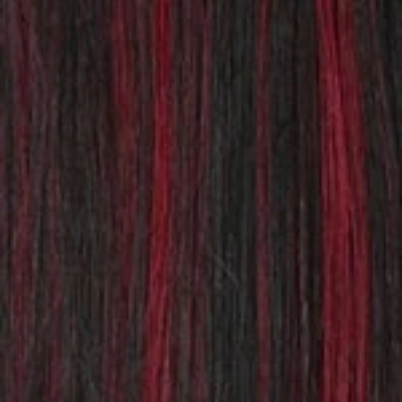 SENSATIONNEL Lulu Bun Updo wig color swatch showing straight synthetic hair in black with burgundy red highlights
