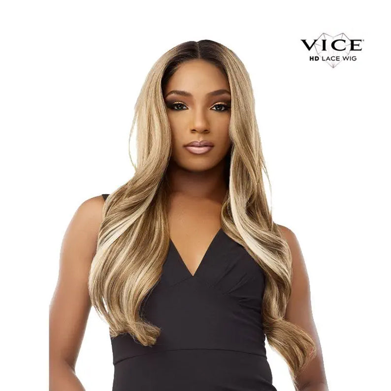 Sensationnel Vice HD Lace Front Wig long layered blonde ombre with center part and soft waves on model