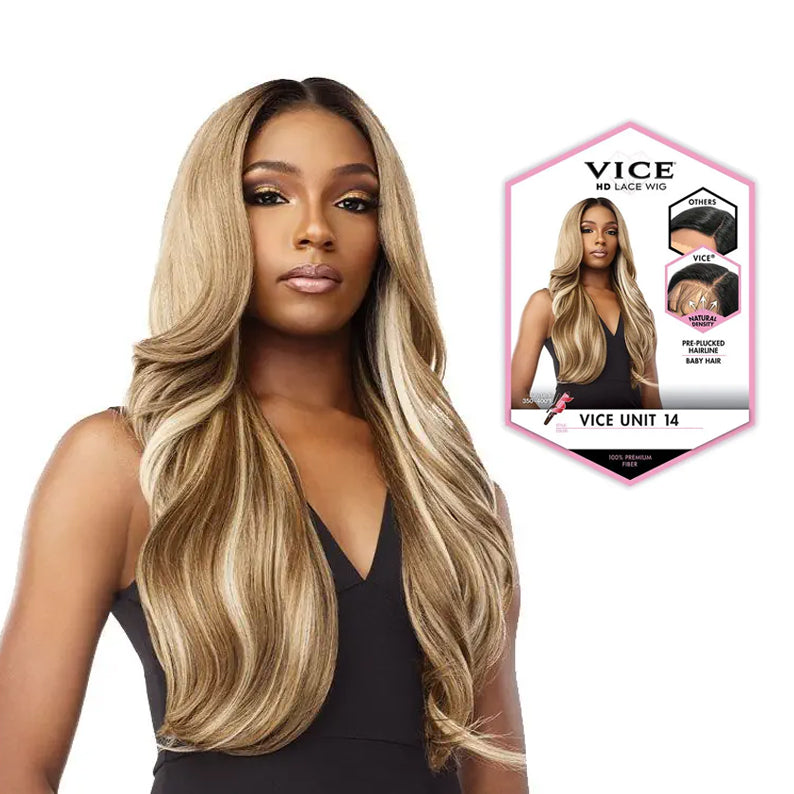 Sensationnel Vice HD Lace Front Wig long honey blonde wavy unit on model with product packaging