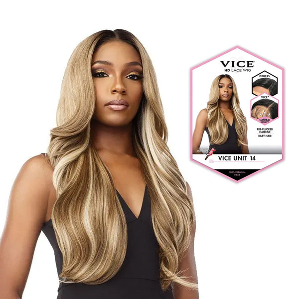 Sensationnel Vice HD Lace Front Wig long honey blonde wavy unit on model with product packaging