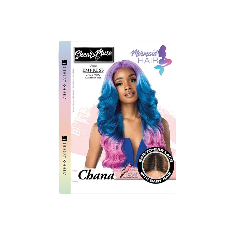 Sensationnel shear muse lace front wig packaging with model wearing long blue to pink ombre waves
