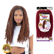 Shake N Go Cuban twist braiding hair in soft natural brown worn by model with long twists
