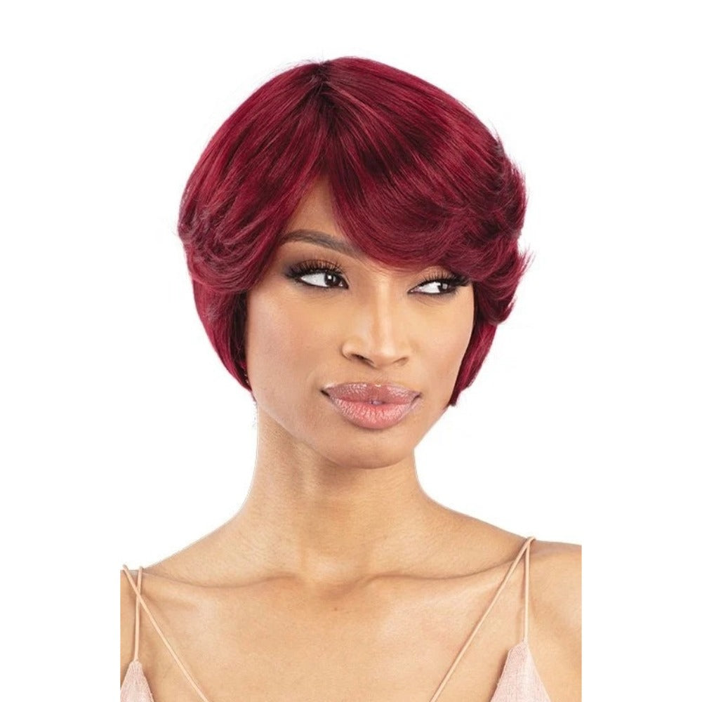 SHAKE N GO burgundy short layered pixie wig with side swept bangs on model 100% human hair wig