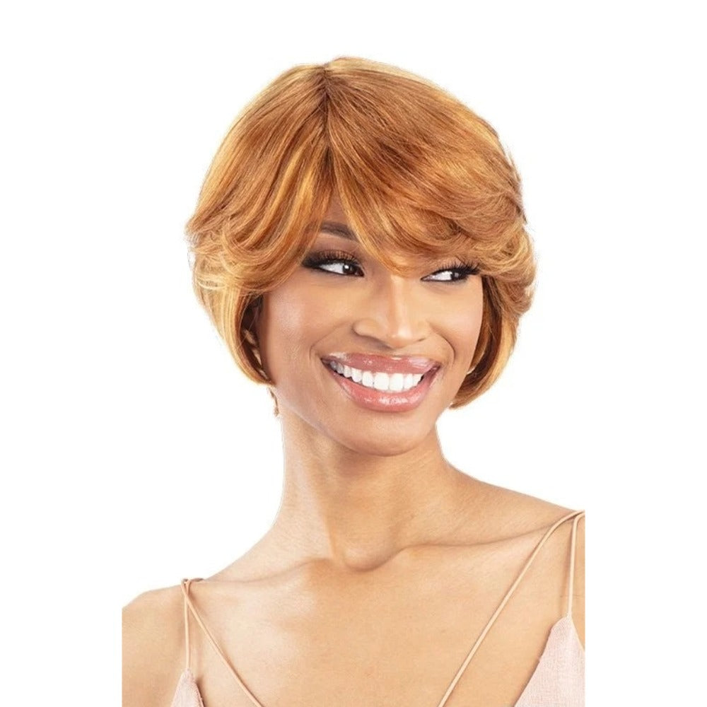 SHAKE N GO short layered honey blonde bob with side swept bangs 100% human hair wig on smiling model