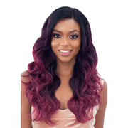 Shake N Go 16 inch body wave closure wig on model with center part dark roots to burgundy ombre waves